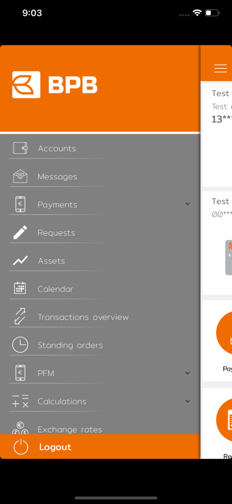 BPB Mobile Banking app navigation menu showing account services and financial tools