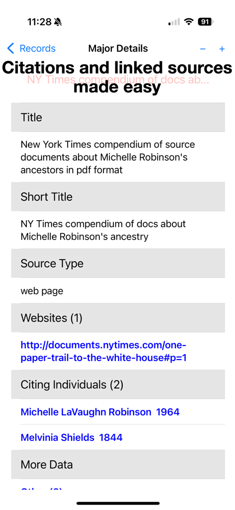 Uma tela móvel mostrando citações de fontes genealógicas e indivíduos vinculados para um registro de história familiar.