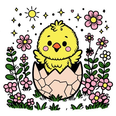 a little chick hatching from an easter egg in the middle of a flower field.