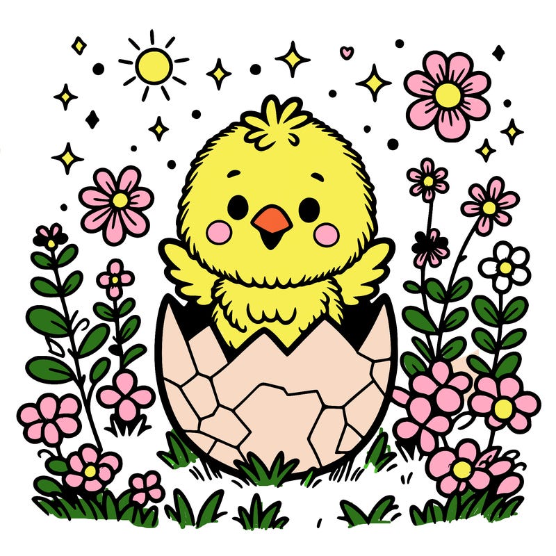 a little chick hatching from an easter egg in the middle of a flower field.