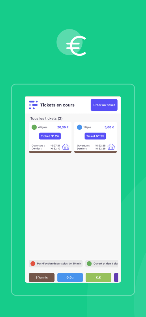 Interface de caisse mobile de Shopcaisse Pad montrant les tickets de restaurant actifs avec les détails du prix et de l'heure