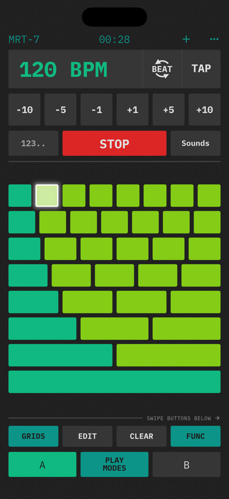 MRT-7 Metronome - Interfaz del Metrónomo MRT-7 que muestra 120 BPM y una cuadrícula rítmica personalizable