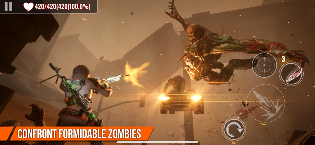 Gameplay of Zombie Hunter showing a character shooting a large mutated zombie with a rifle in a dusty city setting.
