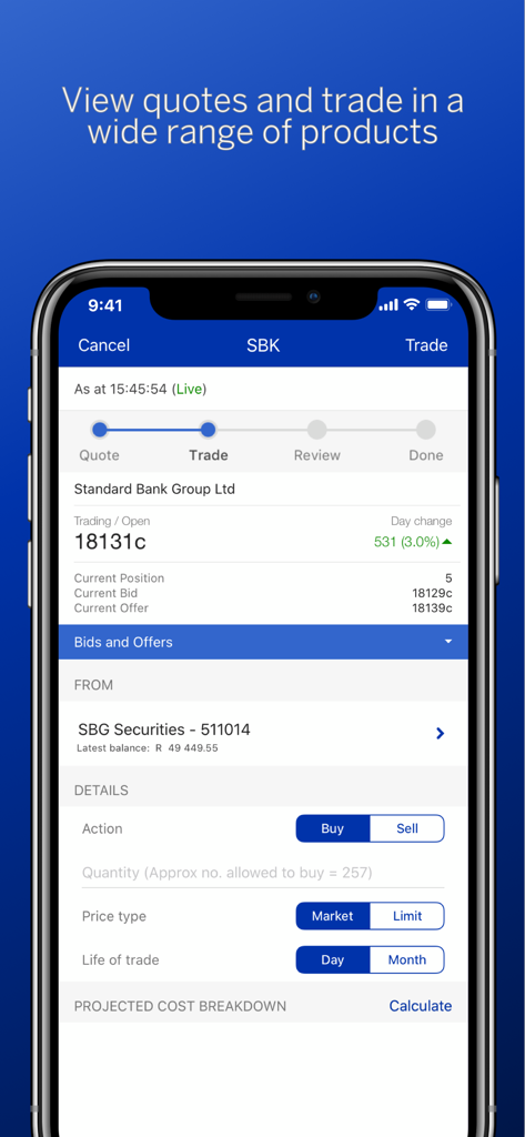 Standard Online Share Trading - Interface of the Standard Online Share Trading app showing live stock prices and trade execution options for the JSE