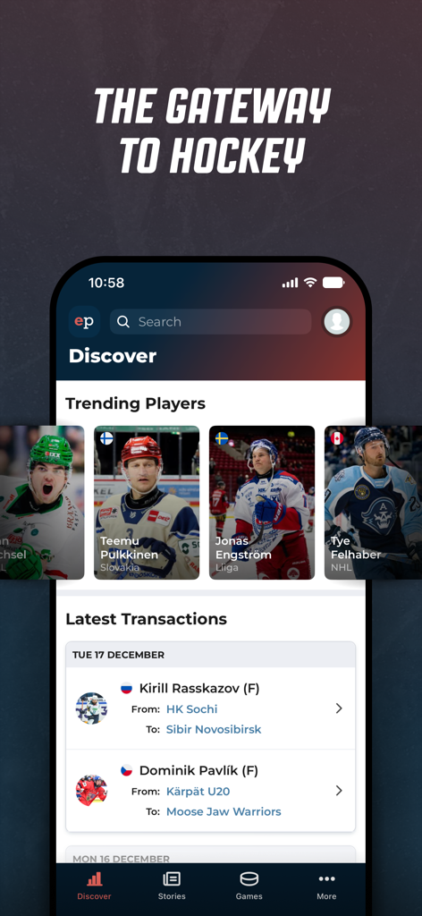 Elite Prospects - Hockey Stats - The Discover screen of the Elite Prospects hockey stats app showing trending players and latest transactions.