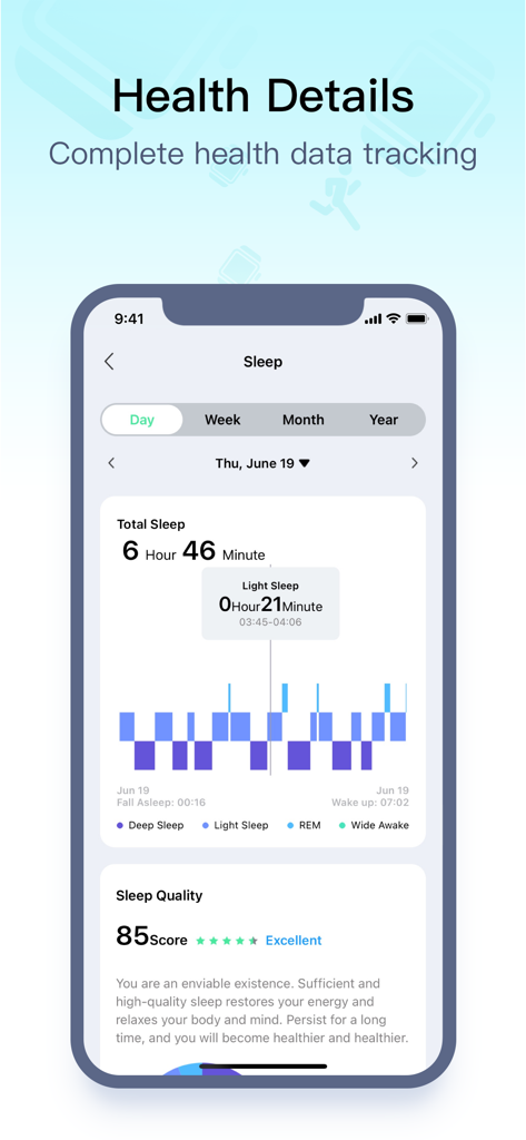 WearPro - WearPro app interface displaying detailed sleep duration and sleep quality score analysis