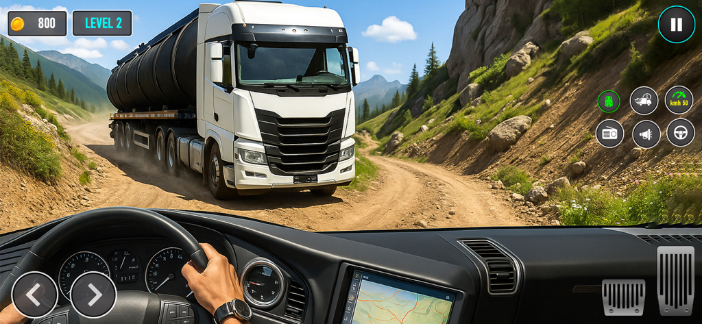 Oil Tanker Supply Truck 2025 - First person cockpit view of a truck driver navigating an offroad mountain path with another oil tanker ahead.