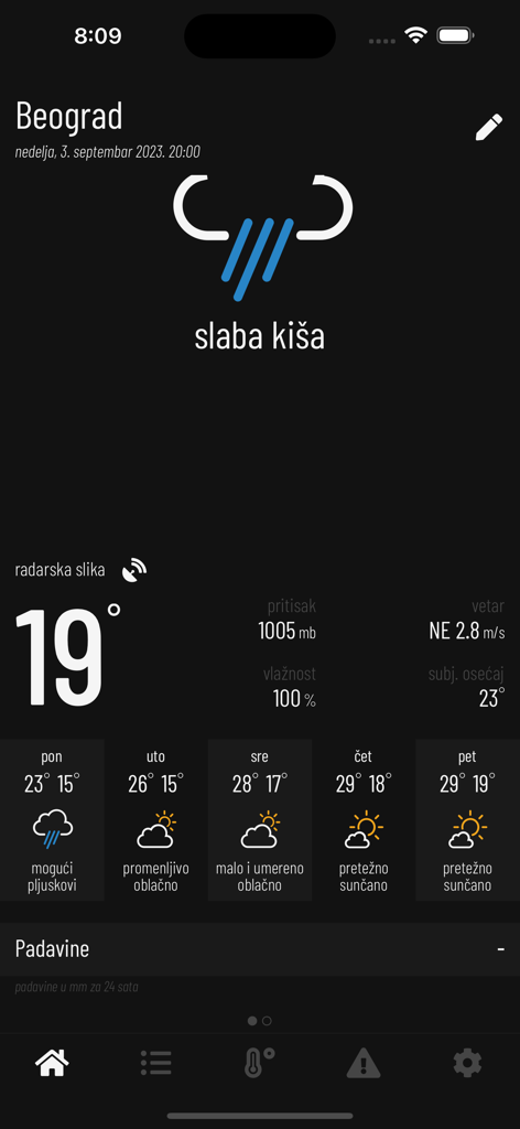 Vreme u Srbiji - Capture d'écran de l'application Vreme u Srbiji montrant la météo actuelle à Belgrade avec 19 degrés et une prévision sur cinq jours en mode sombre