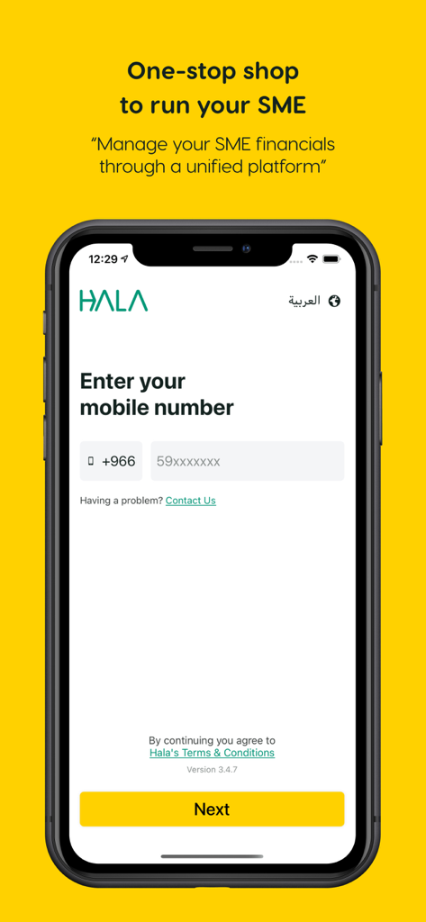Hala - Business - Hala Business app login screen asking for mobile number registration with a yellow background.