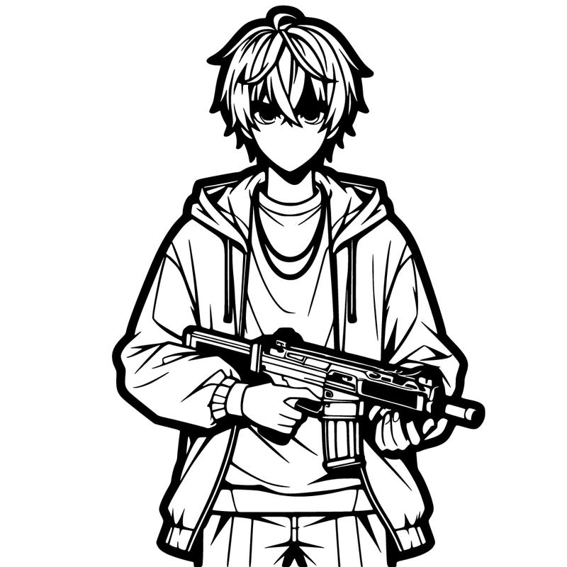 a man holding a gun with anime hair and baggy clothes