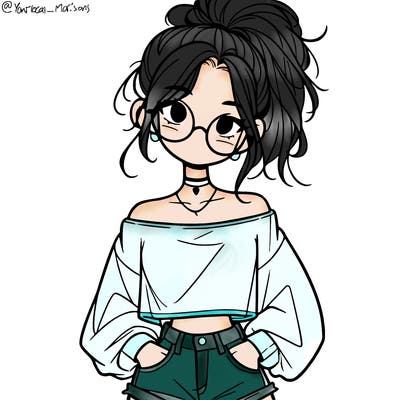 girl with a messy ponytail glasses a baggy crop top and jean shorts