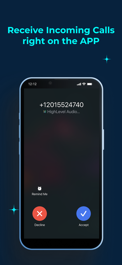 Screenshot of the HighLevel mobile app displaying an incoming business call with options to accept or decline.