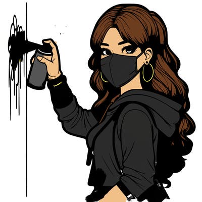 realistic girl with mask spray painting a wall