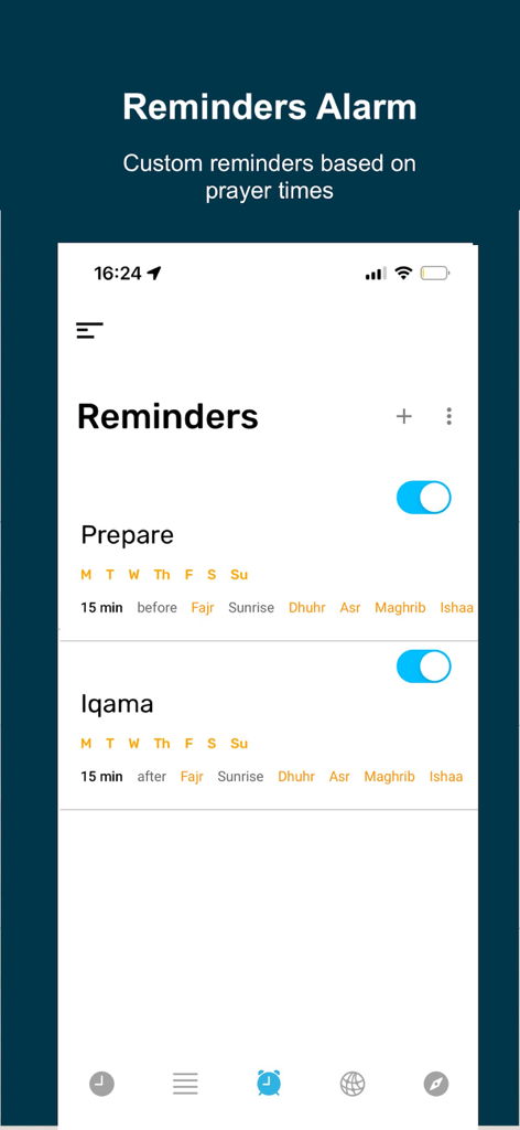 Salatuk app interface showing custom reminder settings for prayer preparation and Iqama times