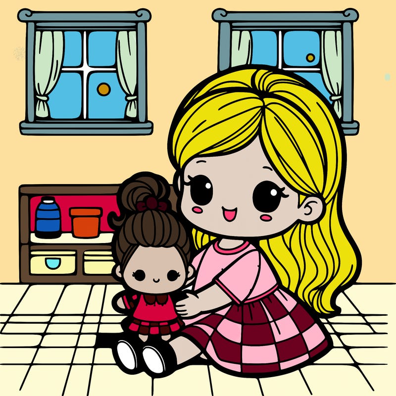 girl with doll in hand also windows in the back