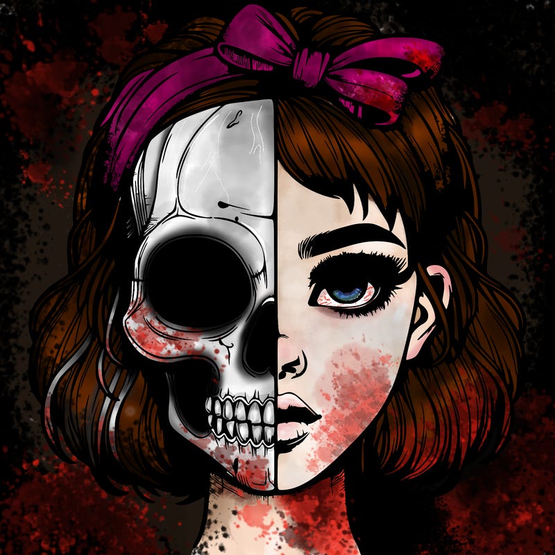 realistic girl with half skull mask