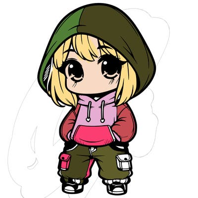 cute chibi girl in hoodie and baggie jeans