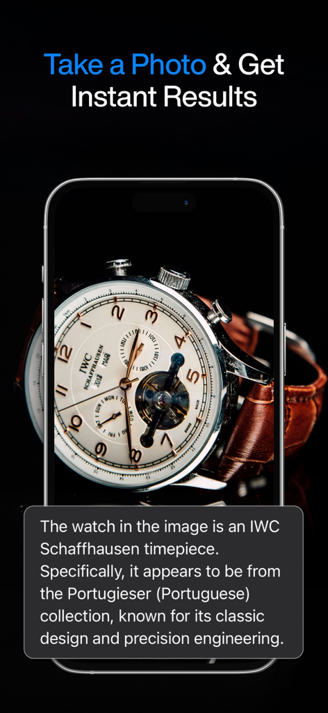 Watch ID - Identify & Value - Smartphone displaying the Watch ID app identifying an IWC Schaffhausen watch.