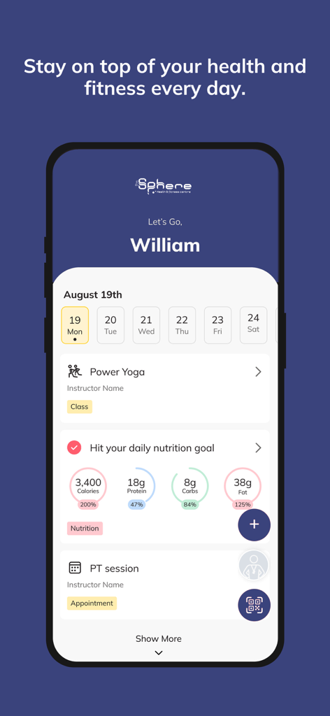 Sphere Fitness App - Panel de control de la aplicación Sphere Fitness que muestra el horario de actividades diarias y el seguimiento de la nutrición