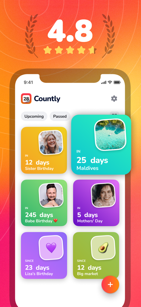 Countly: Countdown, Date Timer - Main dashboard of Countly app featuring colorful countdown and past event timers with personalized photos and icons