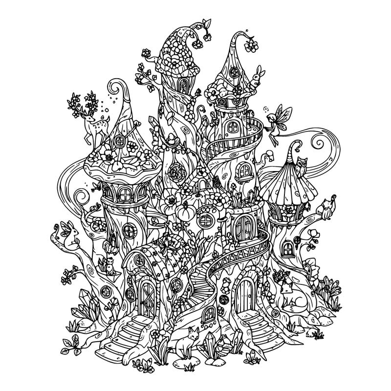 a large fairy home with a lot of detail, magic, forest friends, fairies