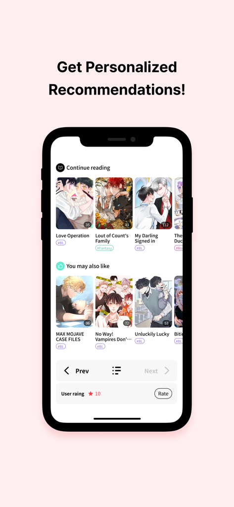 Lalatoon - Comics & Webtoon - Lalatoon app interface displaying personalized webtoon recommendations and a continue reading list for users.