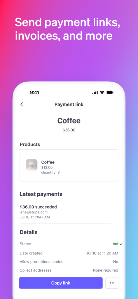 Interfaccia dell'app mobile Stripe Dashboard che mostra un link di pagamento per transazioni commerciali