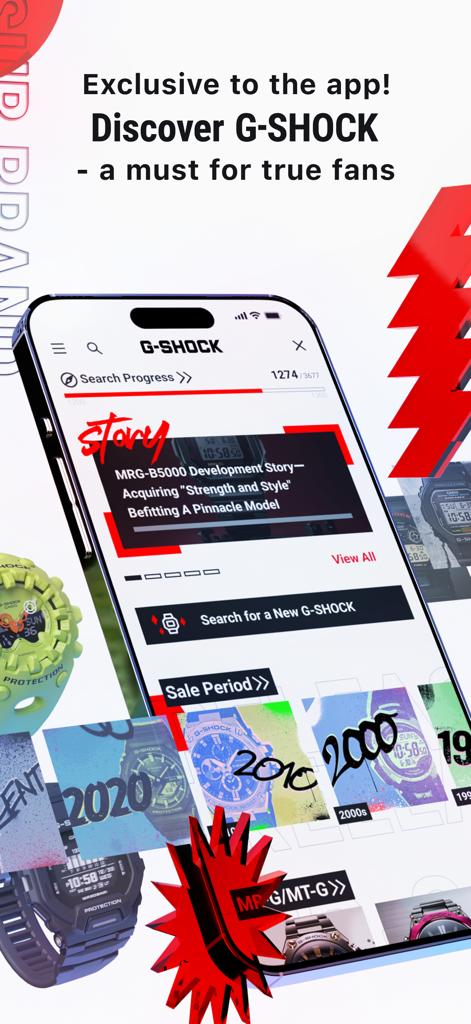 CASIO WATCHES - Smartphone screen showing the Discover G-SHOCK feature in the CASIO WATCHES app with watch history and development stories