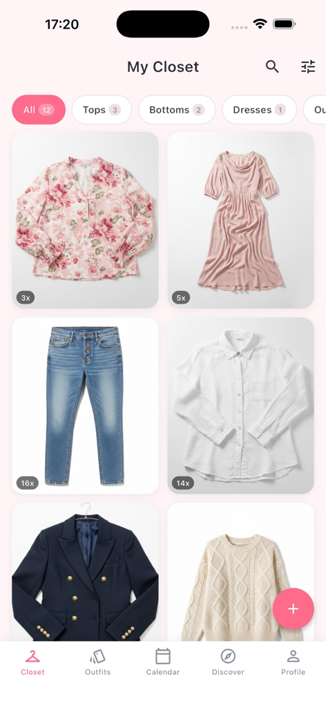 Misco - Capture d'écran de l'application Misco 'Ma garde-robe' montrant un inventaire numérique d'articles vestimentaires