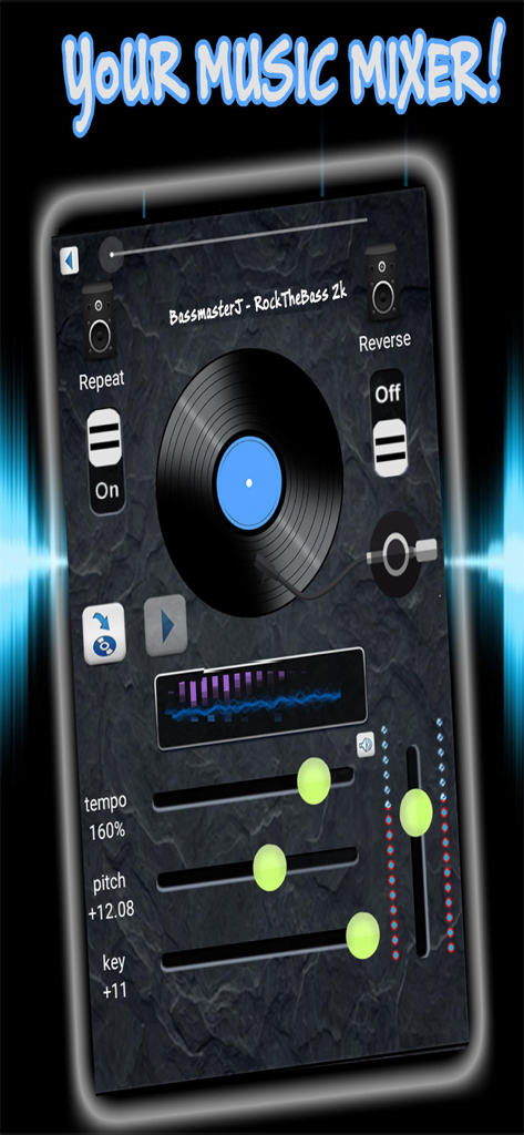 DJ Remixer & Music Player - Interface de l'application DJ Remixer présentant une platine vinyle avec des curseurs pour les ajustements de tempo, de hauteur et de tonalité