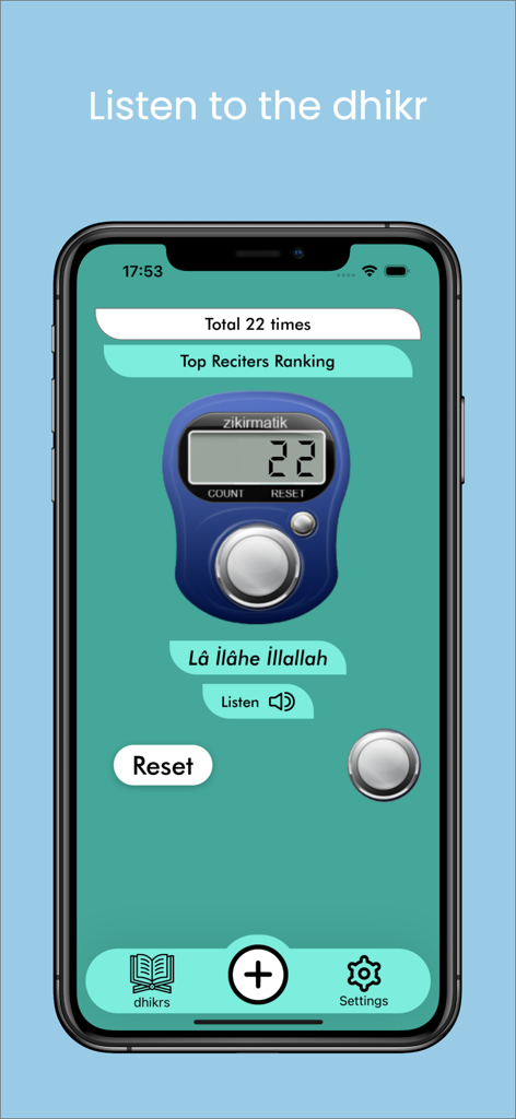 Zikirmatik: Sesli Zikirler - A digital dhikr counter app interface on a smartphone showing a count of 22 with an audio listen button and the prayer La Ilahe Illallah