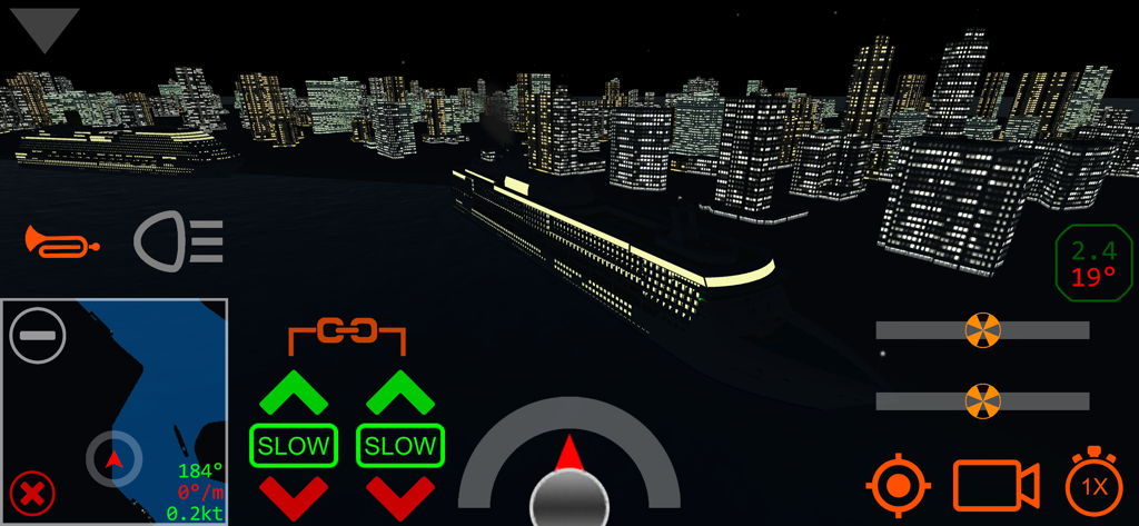 Cruise Ship Handling - Cruise ship simulator gameplay showing night mode navigation with city skyline and realistic ship controls