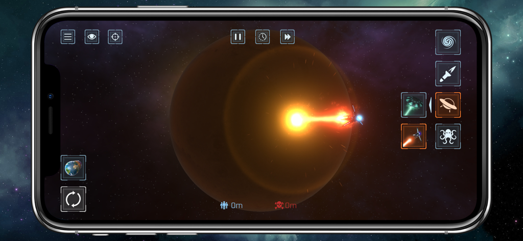 Un'astronave che spara un potente raggio di energia contro un grande pianeta nel simulatore di distruzione Solar Smash