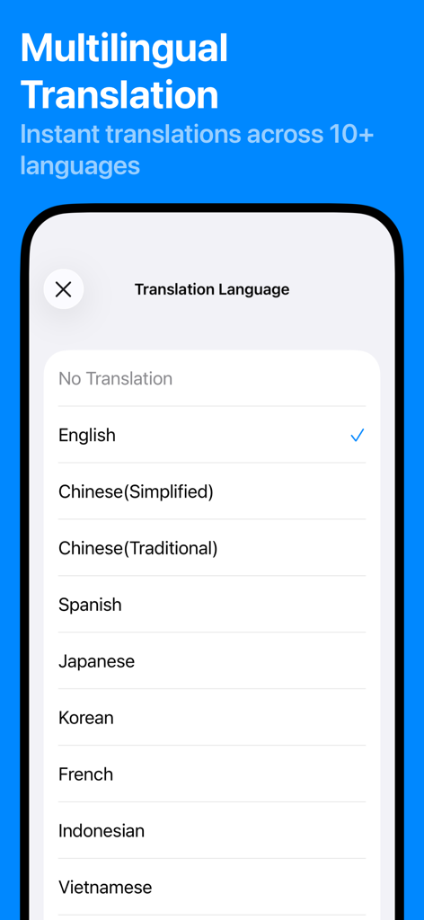 Interface de l'application Tablo affichant une liste de sélection de langues pour la traduction de transcription de réunion multilingue
