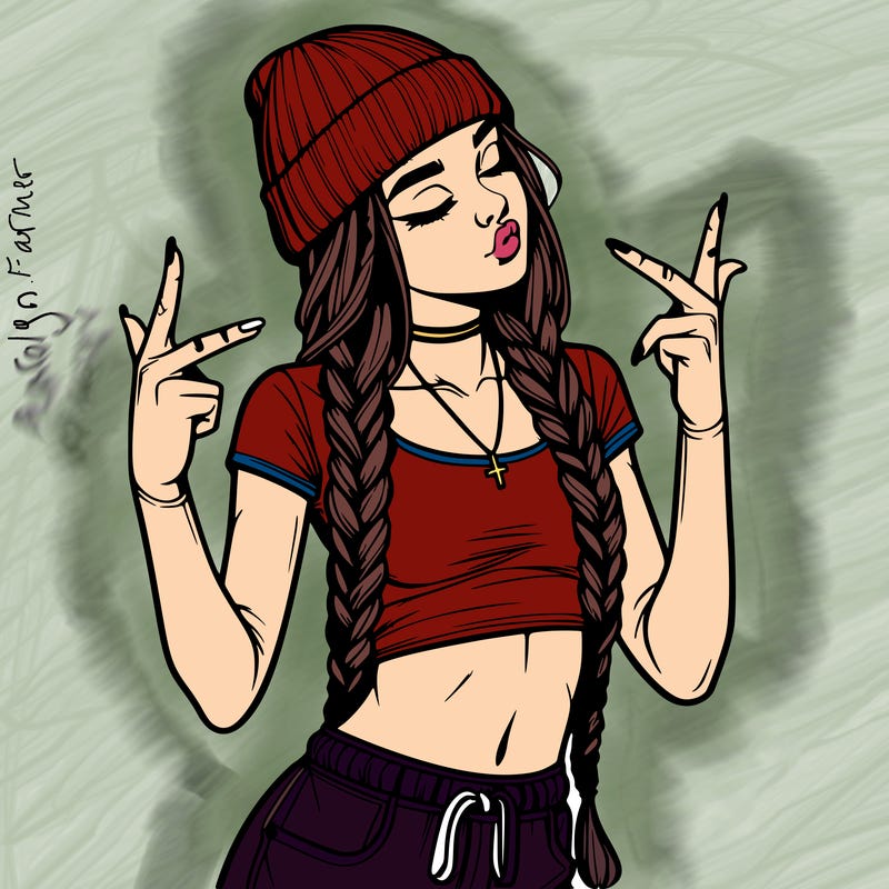realistic teenage girl with braids and a beanie and crop top doing 🫶🏼