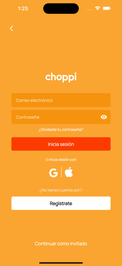 Choppi - Tela de login do aplicativo de compras Choppi com opções de login e registro em espanhol.