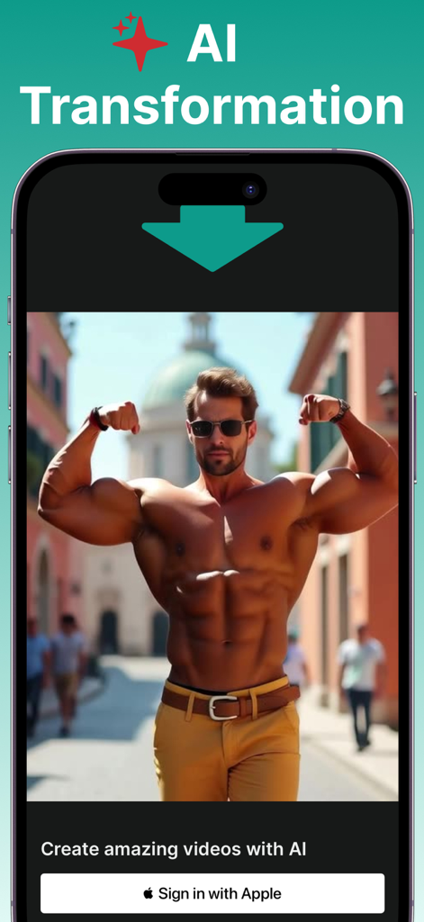 AI Video Generator Maker Pro - AI Video Generator app demonstrating a visual transformation of a muscular man