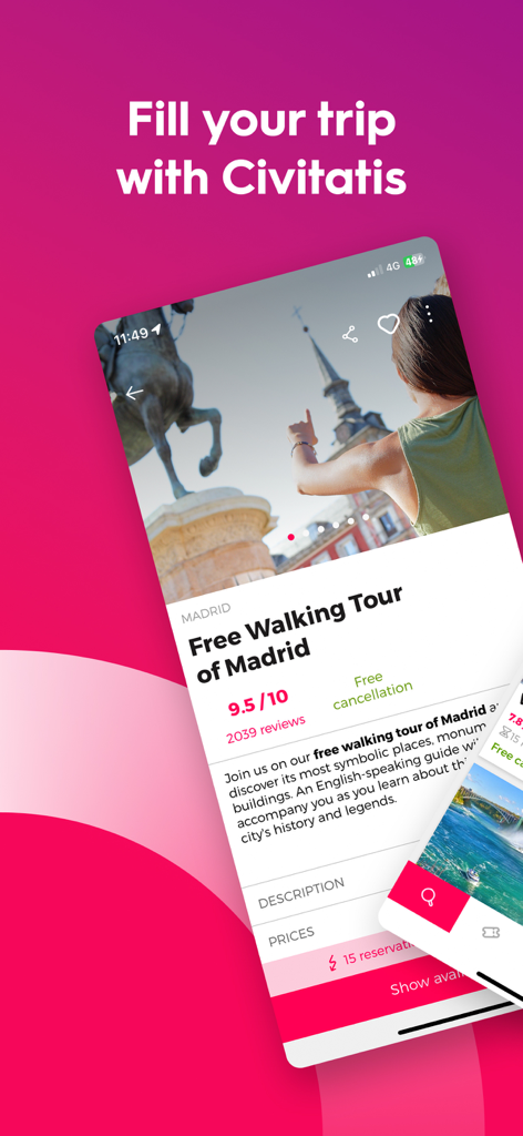 Interface do aplicativo Civitatis exibindo um free tour por Madri com avaliações e opiniões