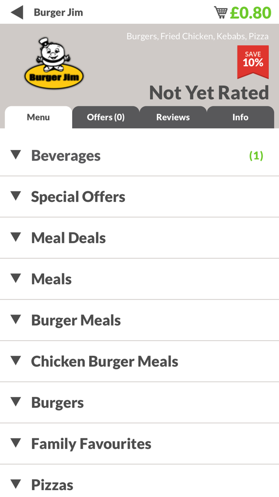 Burger Jim mobile app menu displaying various food categories like burgers and pizzas