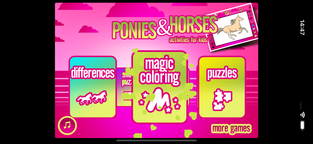 Main menu of Ponies and Horses Activities app for kids featuring magic coloring, puzzles, and differences games on a pink background.