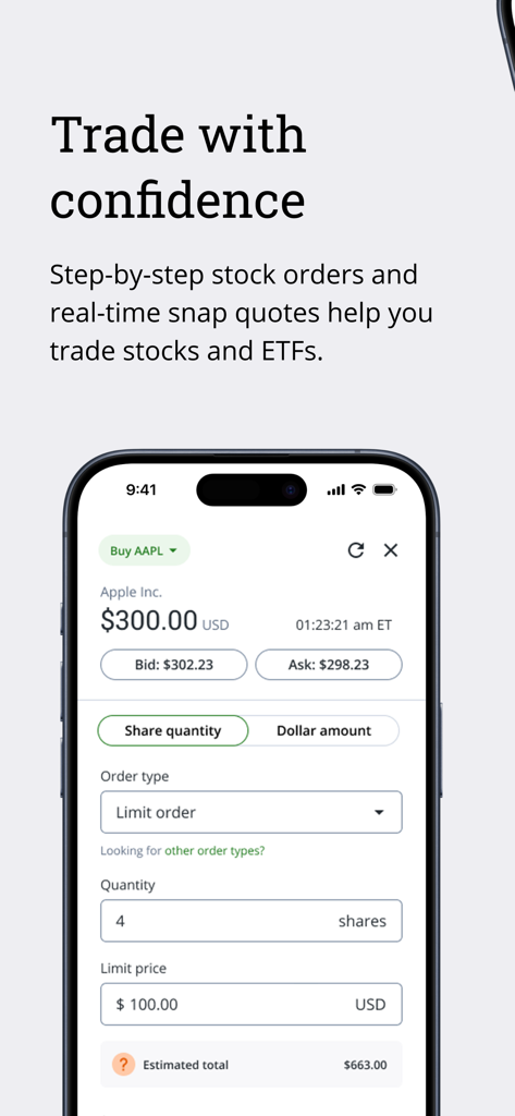 QuestMobile app interface showing a stock trading screen for Apple Inc. with a limit order form.