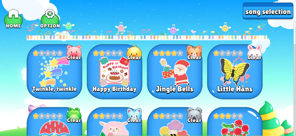 Song selection menu in PianoTouch app with colorful icons for children's songs like Twinkle Twinkle and Jingle Bells.
