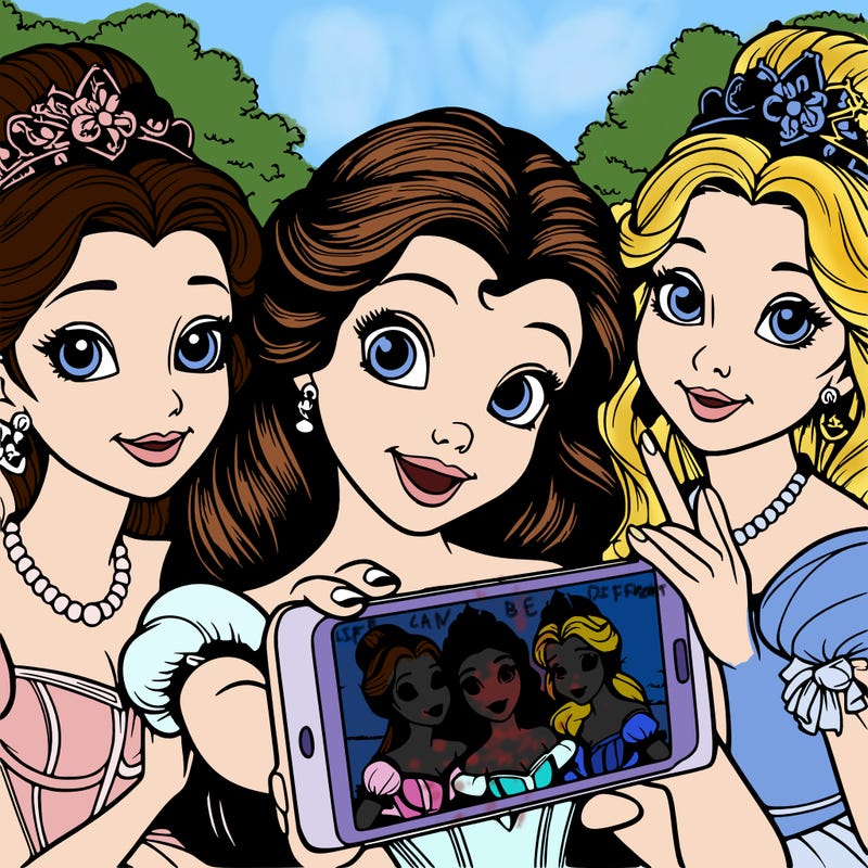 fairytale princesses who take a selfie together realistic