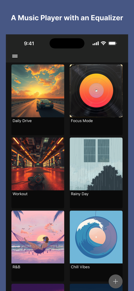 Music Player+ - Interfaz de la app Music Player Plus mostrando una cuadrícula de listas de reproducción de música como Daily Drive y Focus Mode