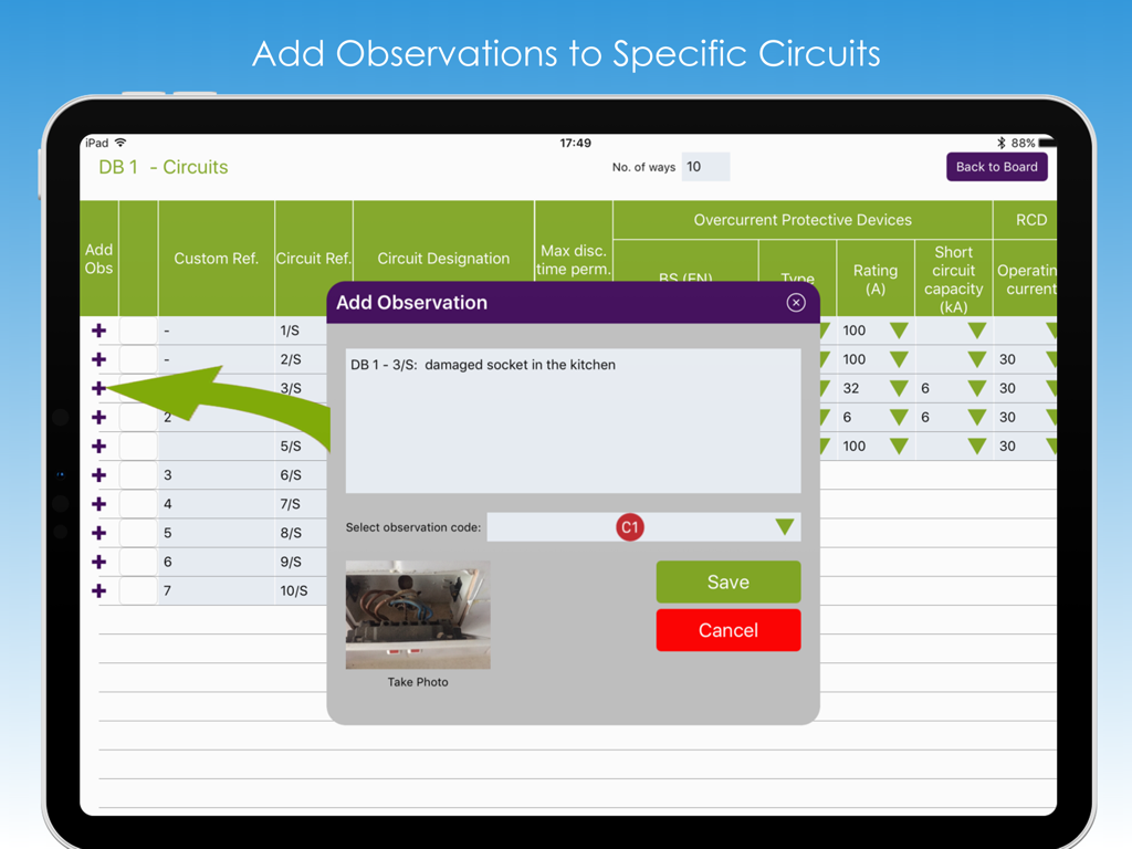 Pro Certs - Adding observations with photos to electrical circuits in Pro Certs app for iPad