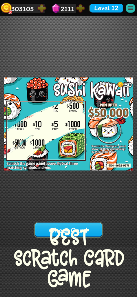 Scratch Cards Lottery Pro - A digital sushi themed scratch card from the Scratch Cards Lottery Pro app showing potential coin winnings.