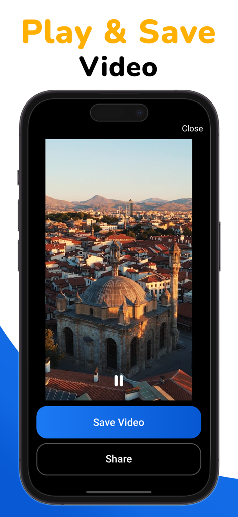 Pantalla de iPhone mostrando la interfaz de reproducción y guardado de video con un botón azul para guardar video