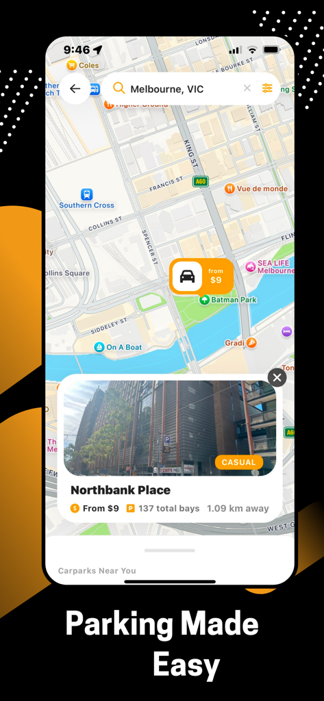 Care Park AU - Care Park AU app displaying a map of Melbourne with available parking locations and Northbank Place lot details