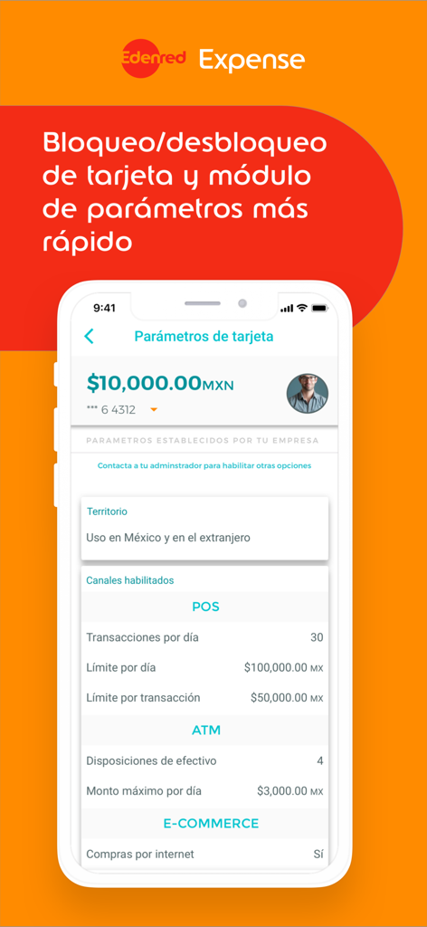 Expense - Interfaz de la aplicación Edenred Expense que muestra los parámetros de la tarjeta corporativa, incluidos los límites diarios para transacciones en TPV y cajeros automáticos