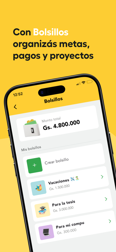 Vaquita - Pantalla de la aplicación móvil Vaquita mostrando "bolsillos" digitales para organizar ahorros y metas financieras.